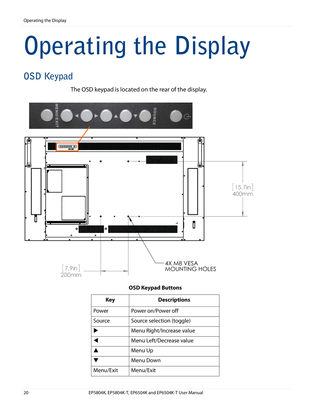 Planar EP6504K/EP6504K-T, EP5804K/EP5804K-T manual Operating the Display, OSD Keypad Buttons, Key Descriptions 