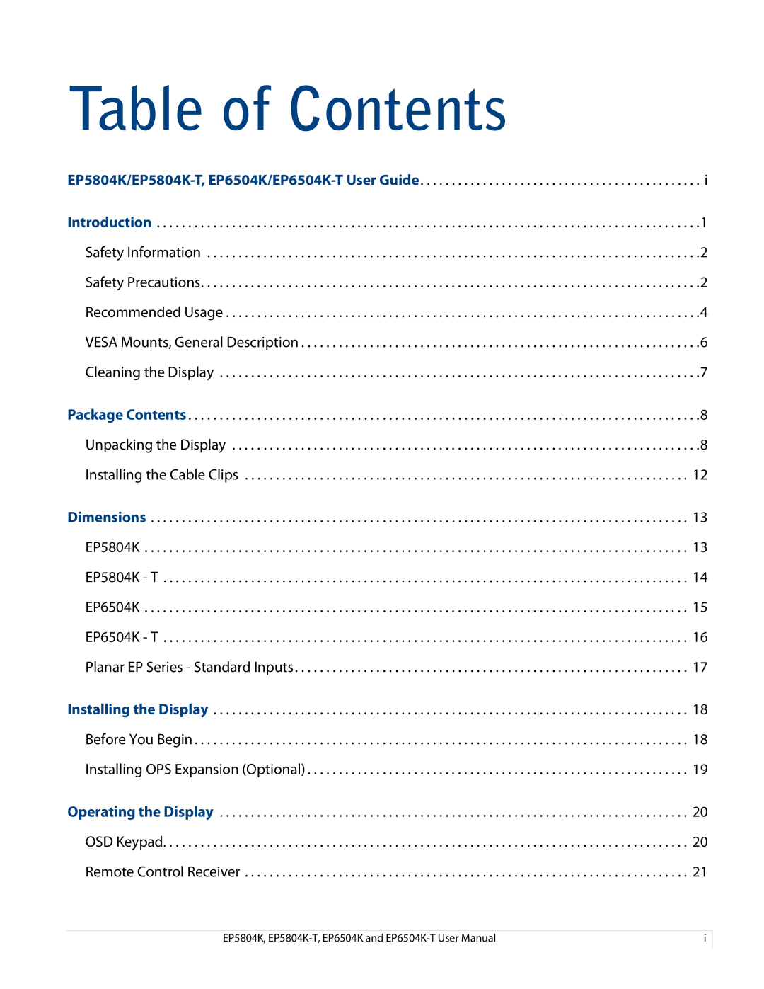 Planar EP5804K/EP5804K-T, EP6504K/EP6504K-T manual Table of Contents 