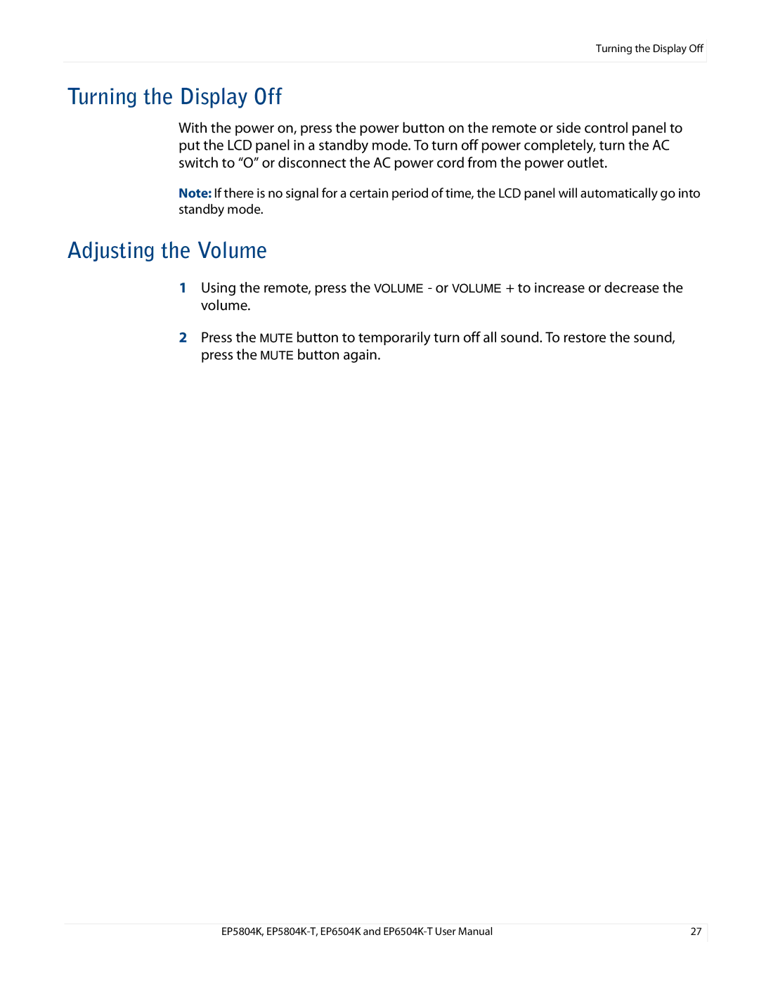 Planar EP5804K/EP5804K-T, EP6504K/EP6504K-T manual Turning the Display Off, Adjusting the Volume 