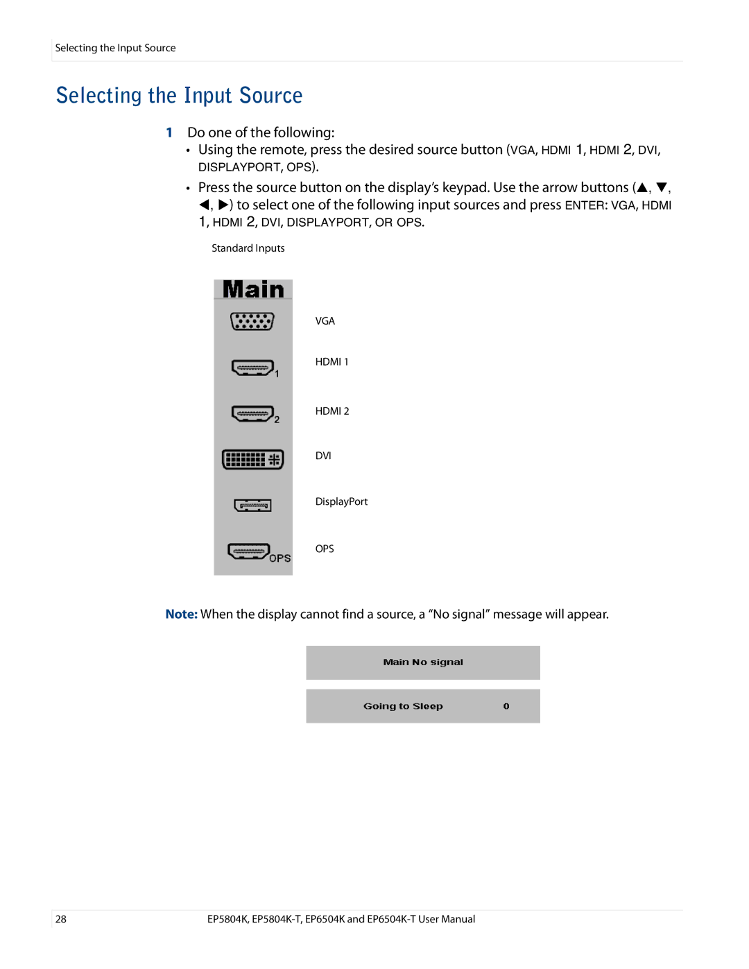 Planar EP6504K/EP6504K-T, EP5804K/EP5804K-T manual Selecting the Input Source 