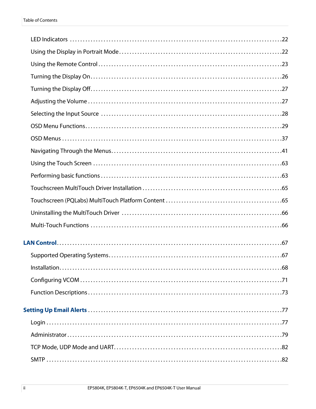 Planar EP6504K/EP6504K-T, EP5804K/EP5804K-T manual TCP Mode, UDP Mode and Uart 