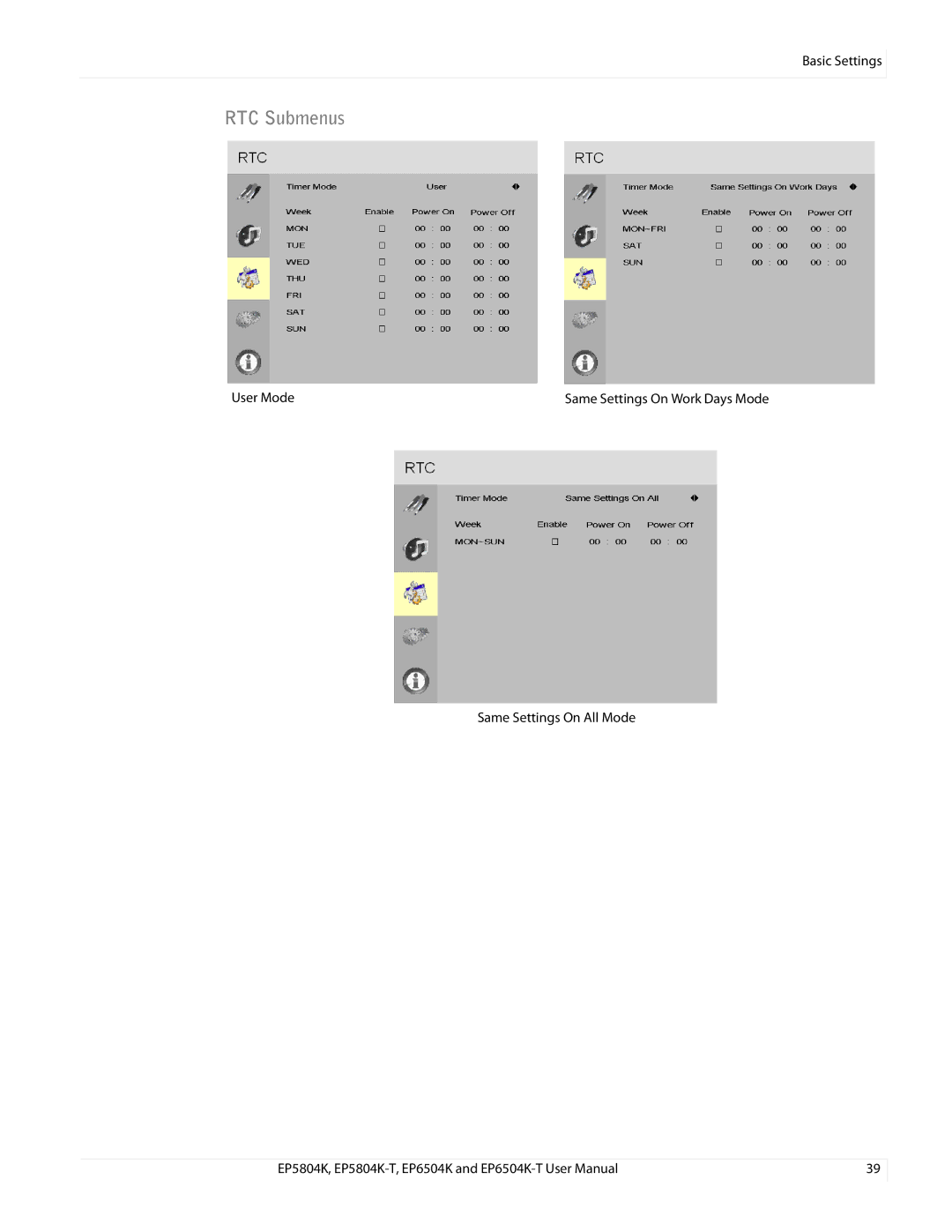 Planar EP5804K/EP5804K-T, EP6504K/EP6504K-T manual RTC Submenus 