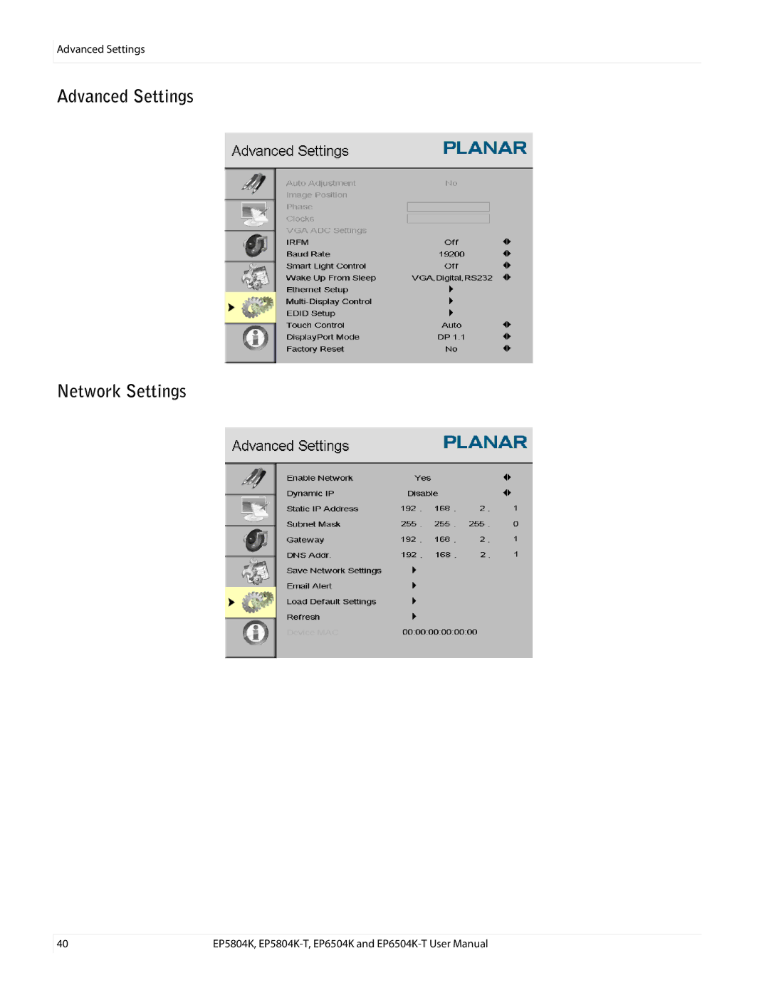 Planar EP6504K/EP6504K-T, EP5804K/EP5804K-T manual Advanced Settings Network Settings 