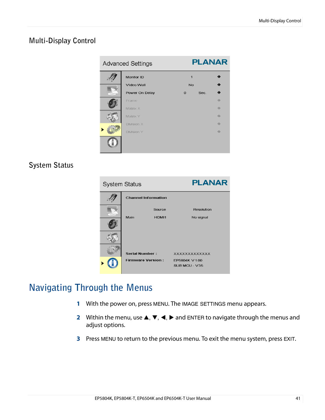 Planar EP5804K/EP5804K-T, EP6504K/EP6504K-T manual Navigating Through the Menus, Multi-Display Control System Status 