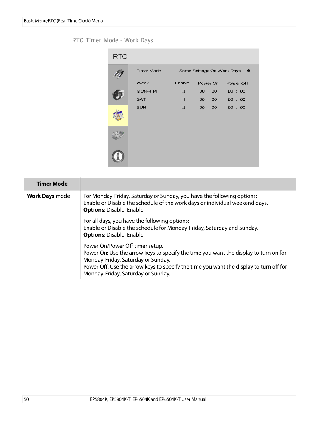 Planar EP6504K/EP6504K-T, EP5804K/EP5804K-T manual RTC Timer Mode Work Days, Timer Mode Work Days mode 