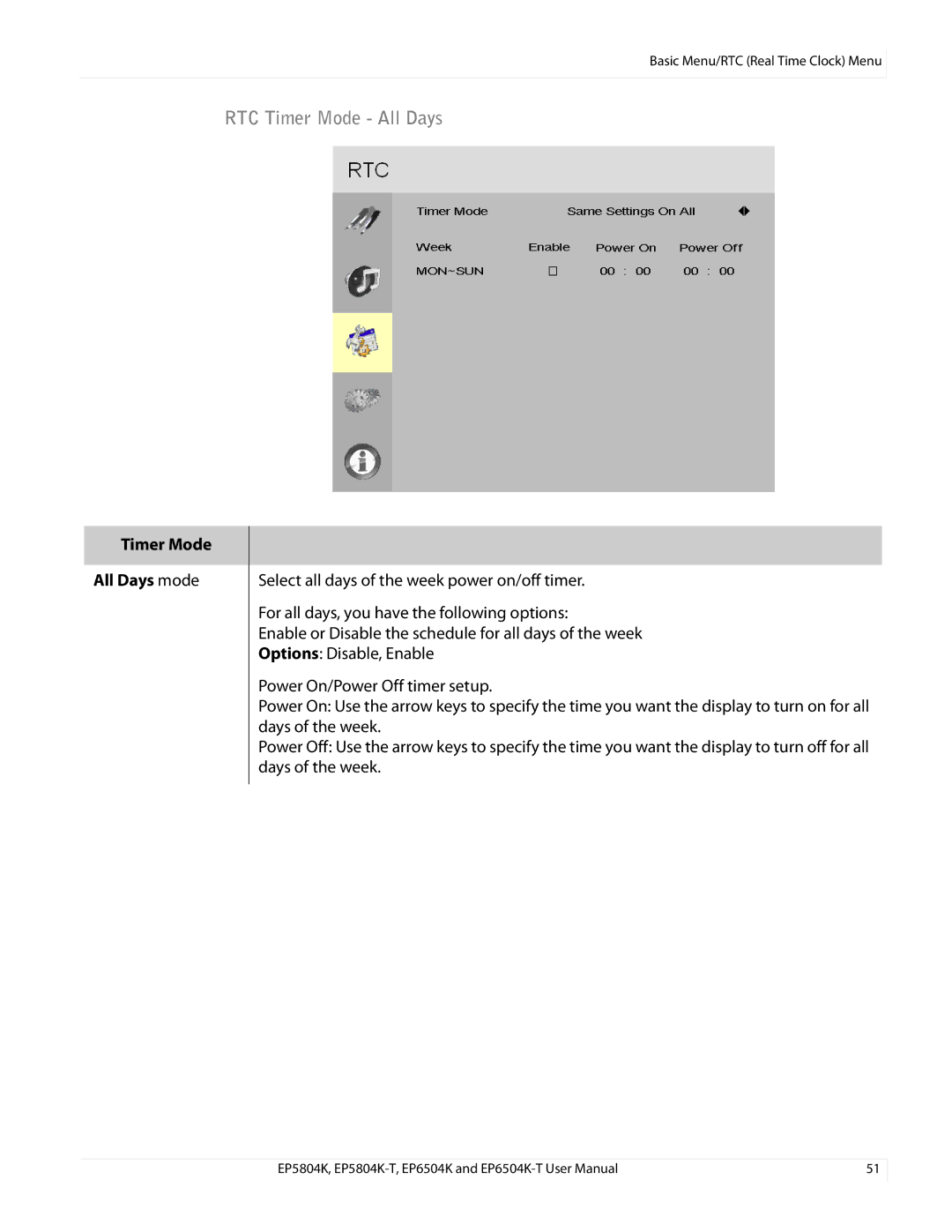 Planar EP5804K/EP5804K-T, EP6504K/EP6504K-T manual RTC Timer Mode All Days, Timer Mode All Days mode 