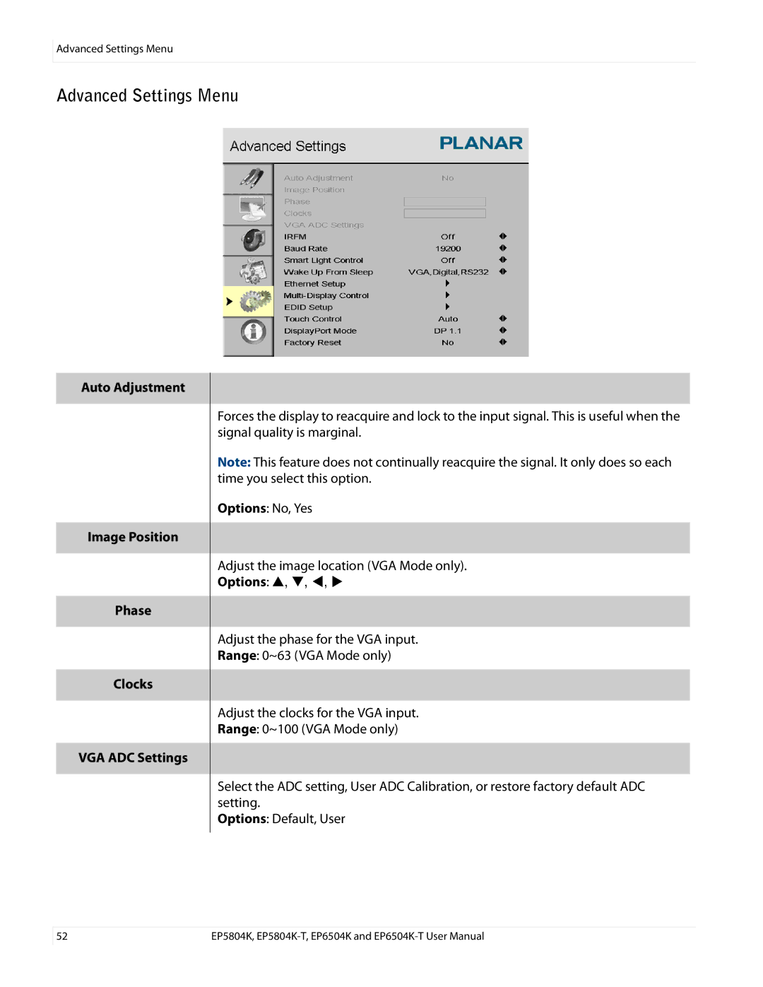 Planar EP6504K/EP6504K-T manual Advanced Settings Menu, Auto Adjustment Image Position Phase Clocks VGA ADC Settings 