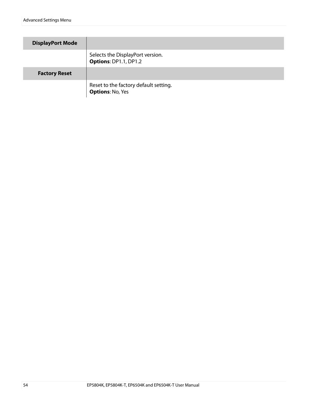 Planar EP6504K/EP6504K-T, EP5804K/EP5804K-T manual DisplayPort Mode Factory Reset 