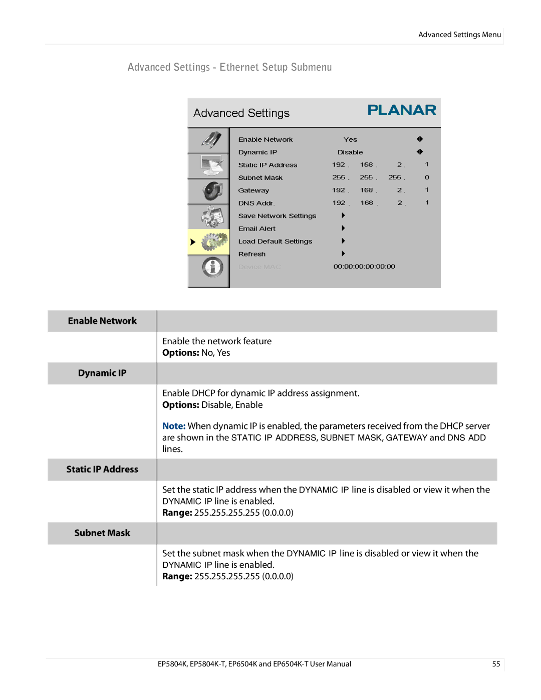 Planar EP5804K/EP5804K-T Advanced Settings Ethernet Setup Submenu, Enable Network Dynamic IP Static IP Address Subnet Mask 