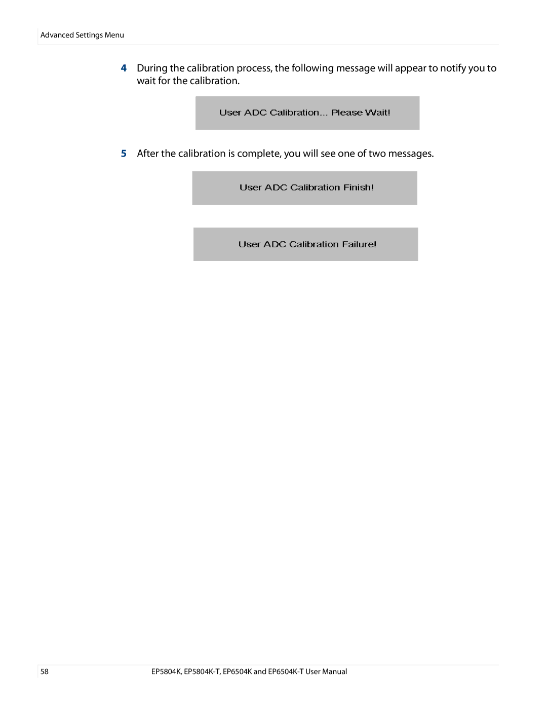 Planar EP6504K/EP6504K-T, EP5804K/EP5804K-T manual Advanced Settings Menu 