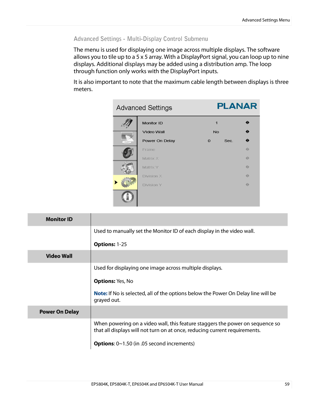 Planar EP5804K/EP5804K-T manual Advanced Settings Multi-Display Control Submenu, Monitor ID Video Wall Power On Delay 
