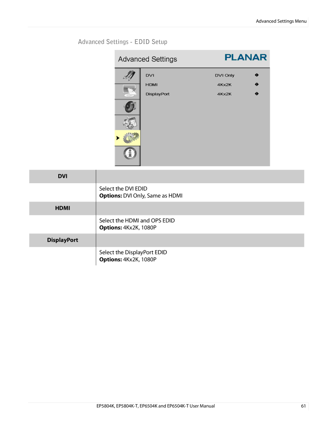 Planar EP5804K/EP5804K-T, EP6504K/EP6504K-T manual Advanced Settings Edid Setup, DisplayPort 