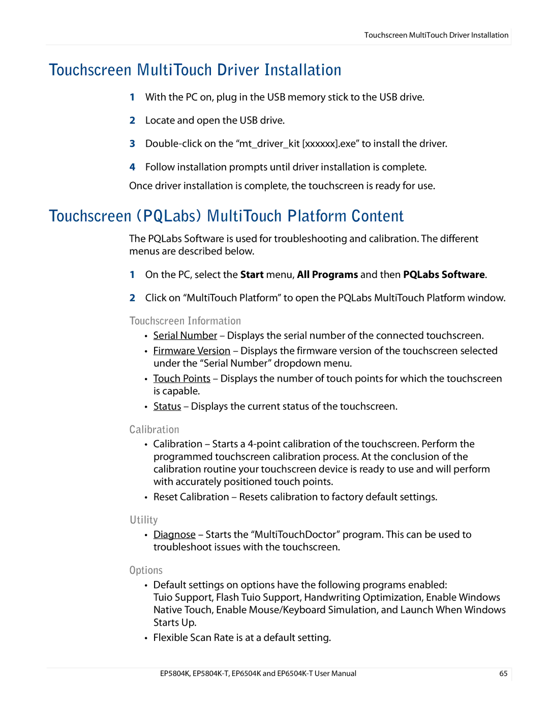 Planar EP5804K/EP5804K-T manual Touchscreen MultiTouch Driver Installation, Touchscreen PQLabs MultiTouch Platform Content 