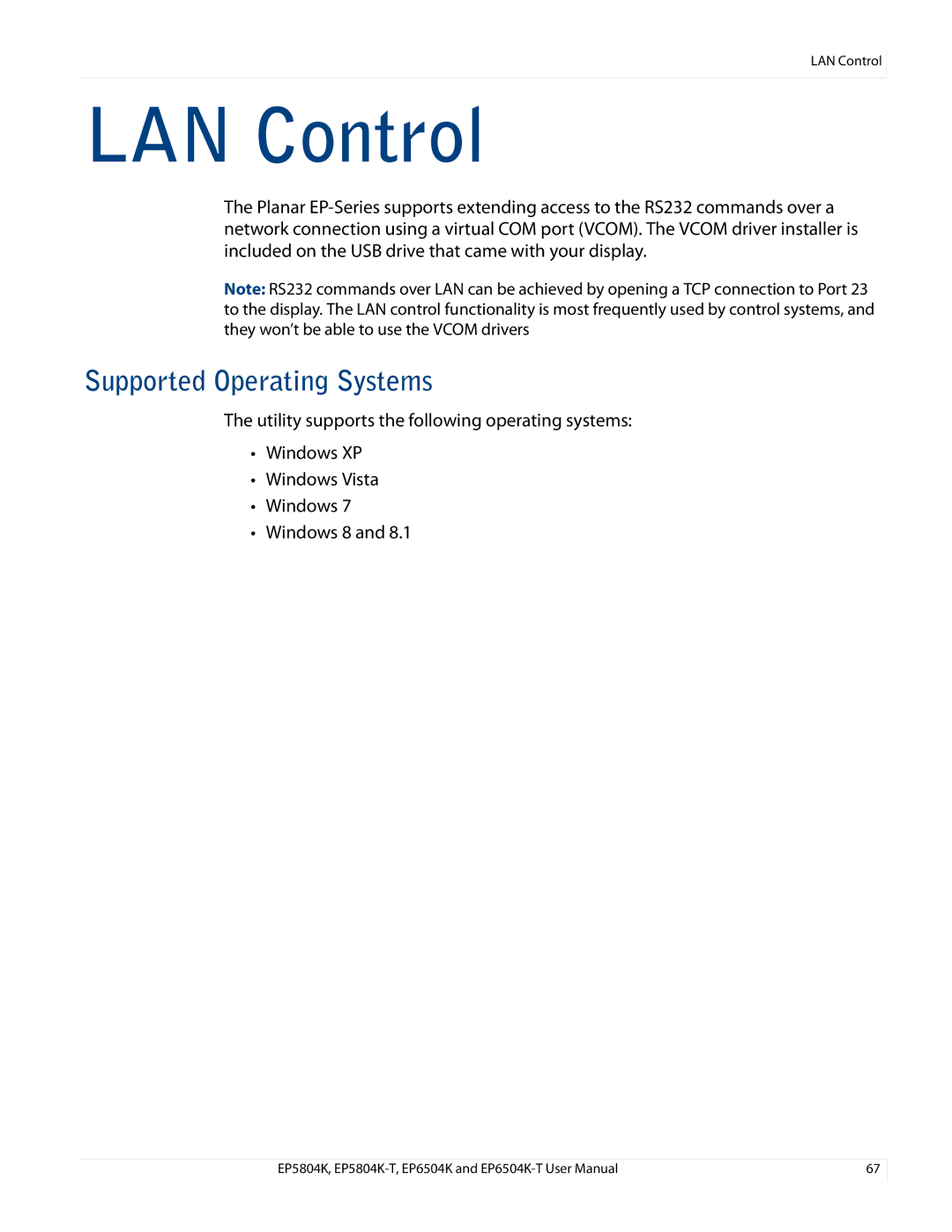 Planar EP5804K/EP5804K-T, EP6504K/EP6504K-T manual LAN Control, Supported Operating Systems 