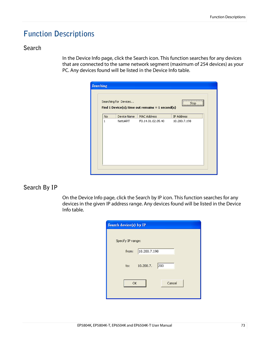 Planar EP5804K/EP5804K-T, EP6504K/EP6504K-T manual Function Descriptions, Search By IP 