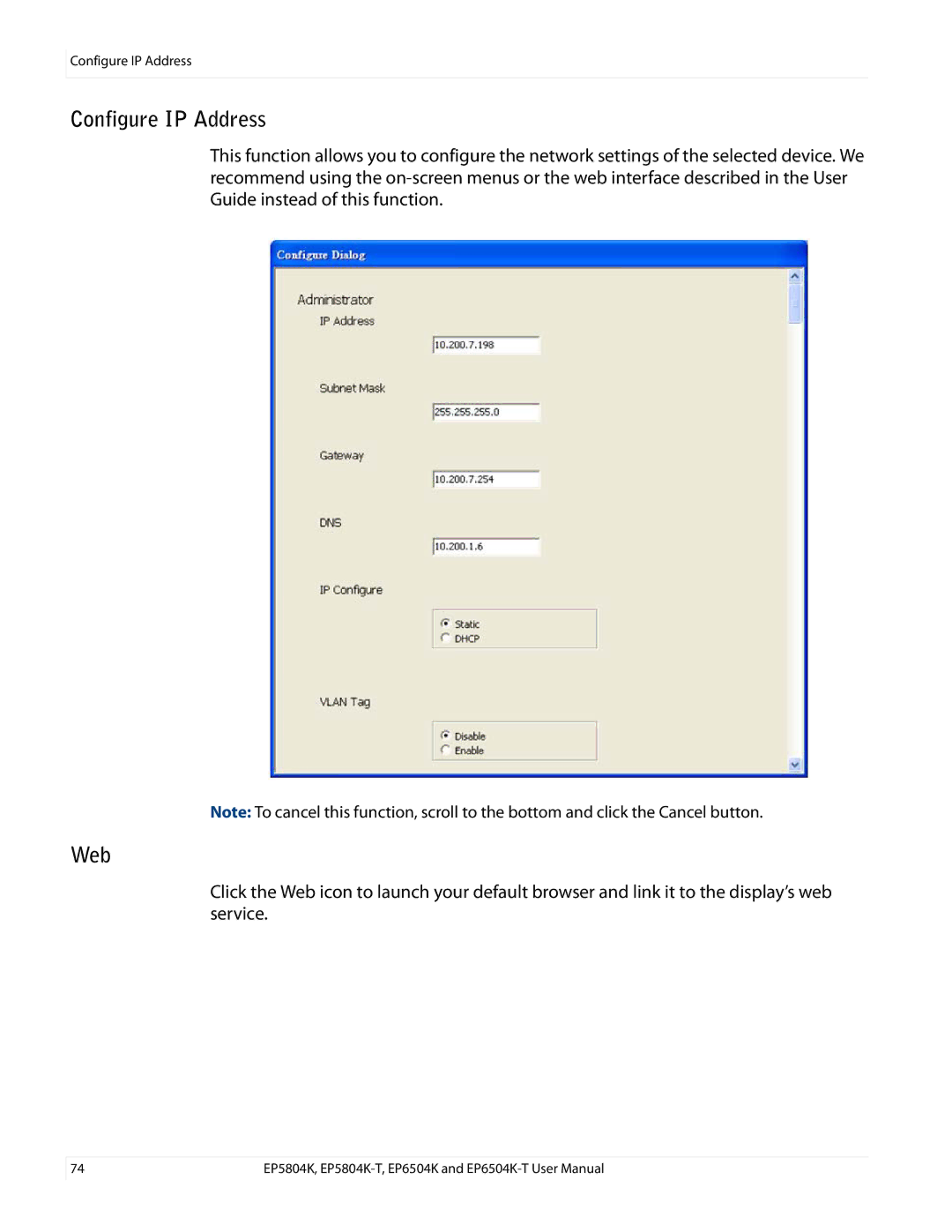 Planar EP6504K/EP6504K-T, EP5804K/EP5804K-T manual Configure IP Address, Web 