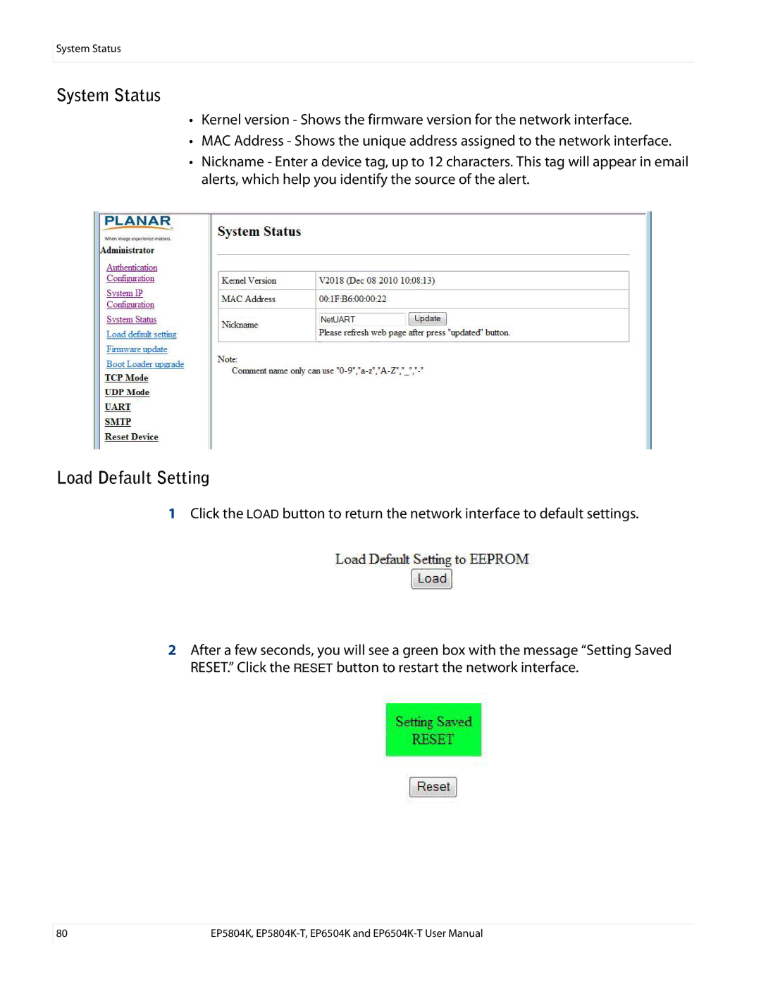 Planar EP6504K/EP6504K-T, EP5804K/EP5804K-T manual System Status, Load Default Setting 