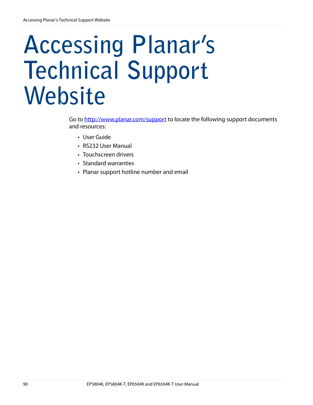 Planar EP6504K/EP6504K-T, EP5804K/EP5804K-T manual Accessing Planar’s Technical Support Website 