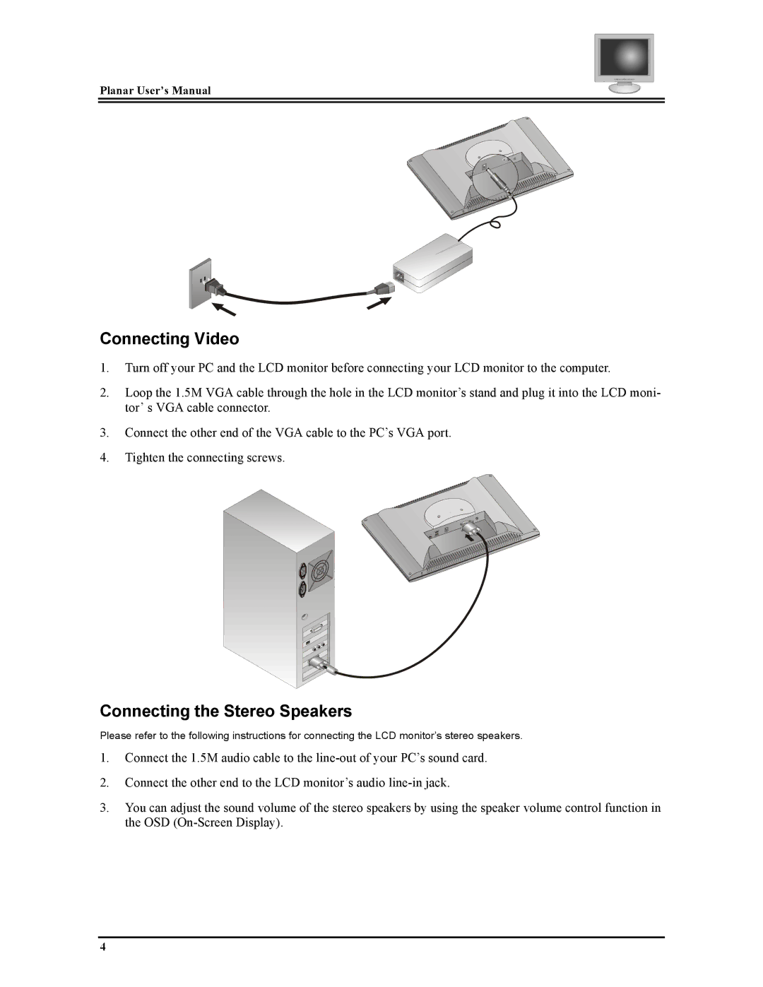 Planar FWT1503Z manual Connecting Video, Connecting the Stereo Speakers 