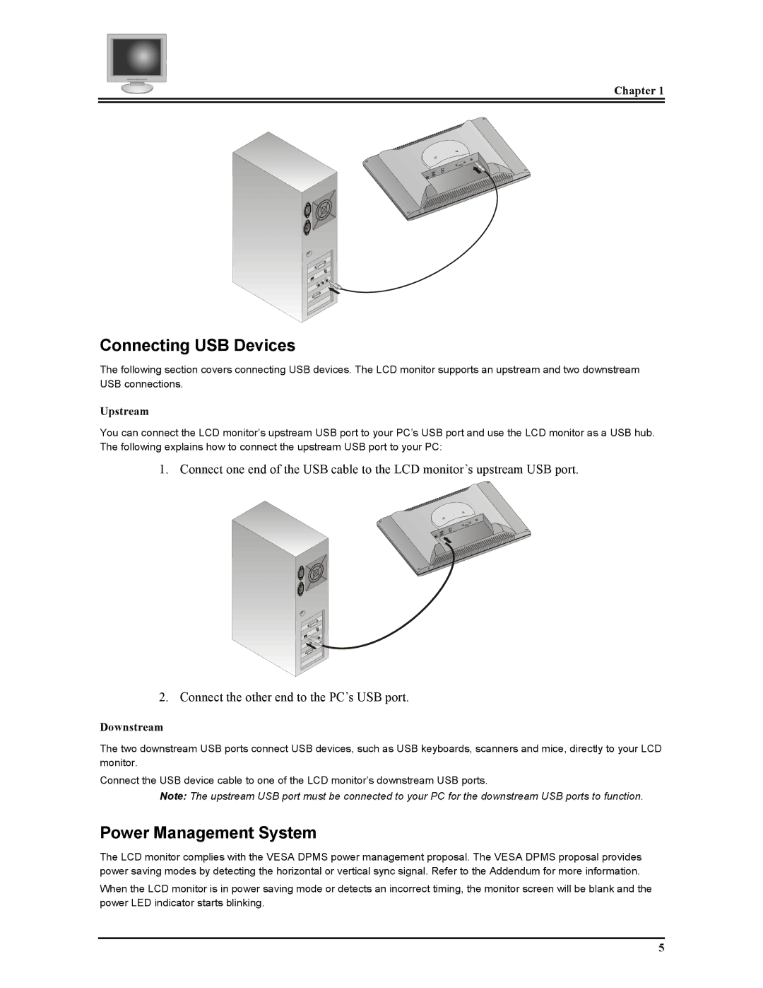 Planar FWT1503Z manual Connecting USB Devices, Power Management System, Upstream, Downstream 