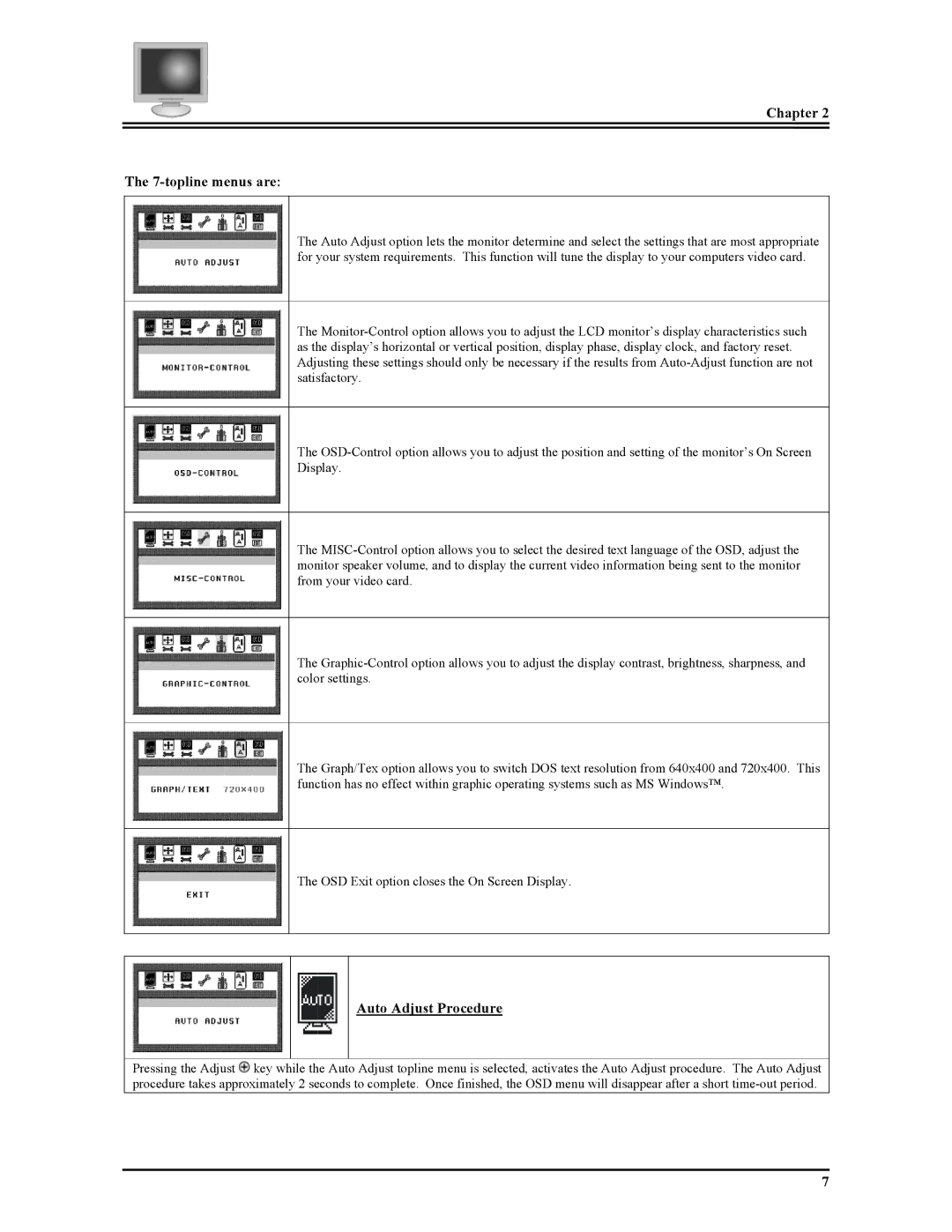 Planar FWT1503Z manual topline menus are, Auto Adjust Procedure 