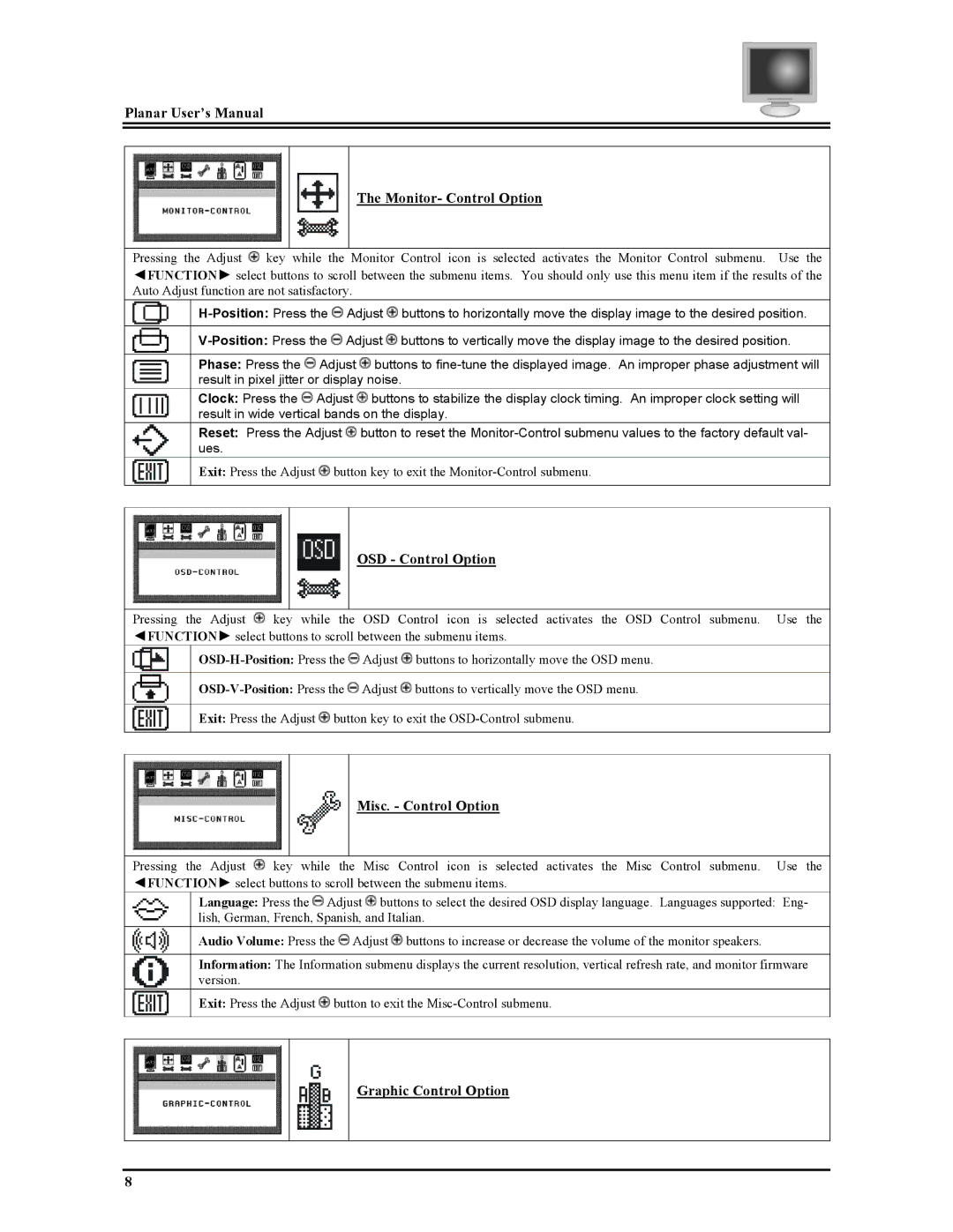 Planar FWT1503Z manual Planar User’s Manual Monitor- Control Option, OSD Control Option, Misc. Control Option 