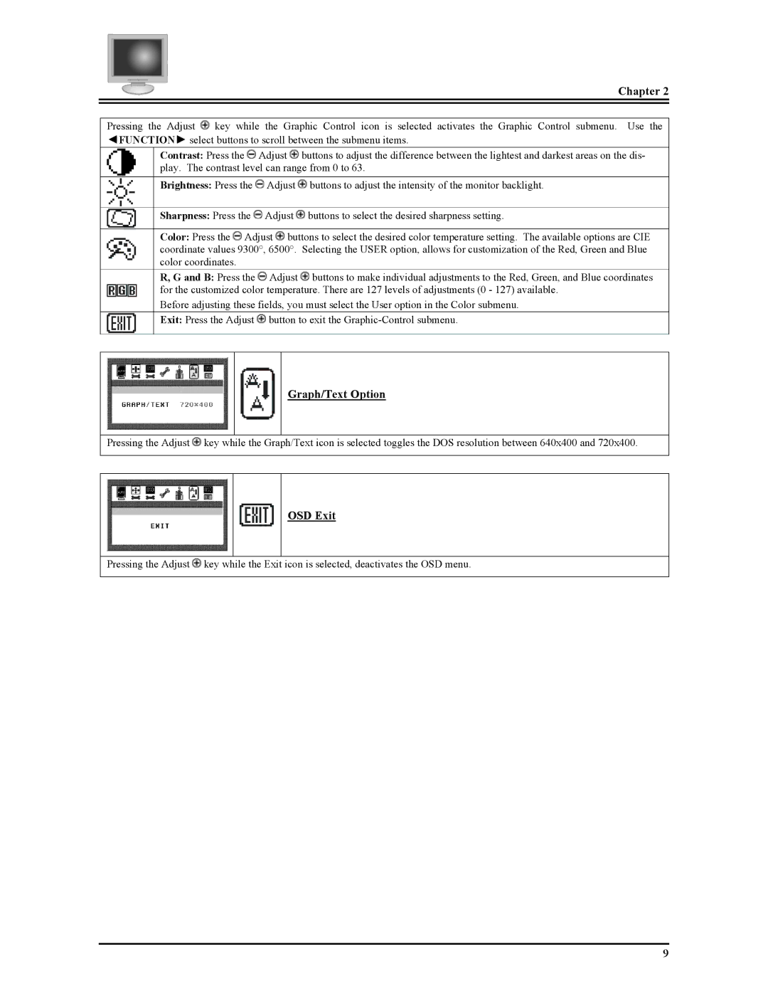 Planar FWT1503Z manual Graph/Text Option, OSD Exit 