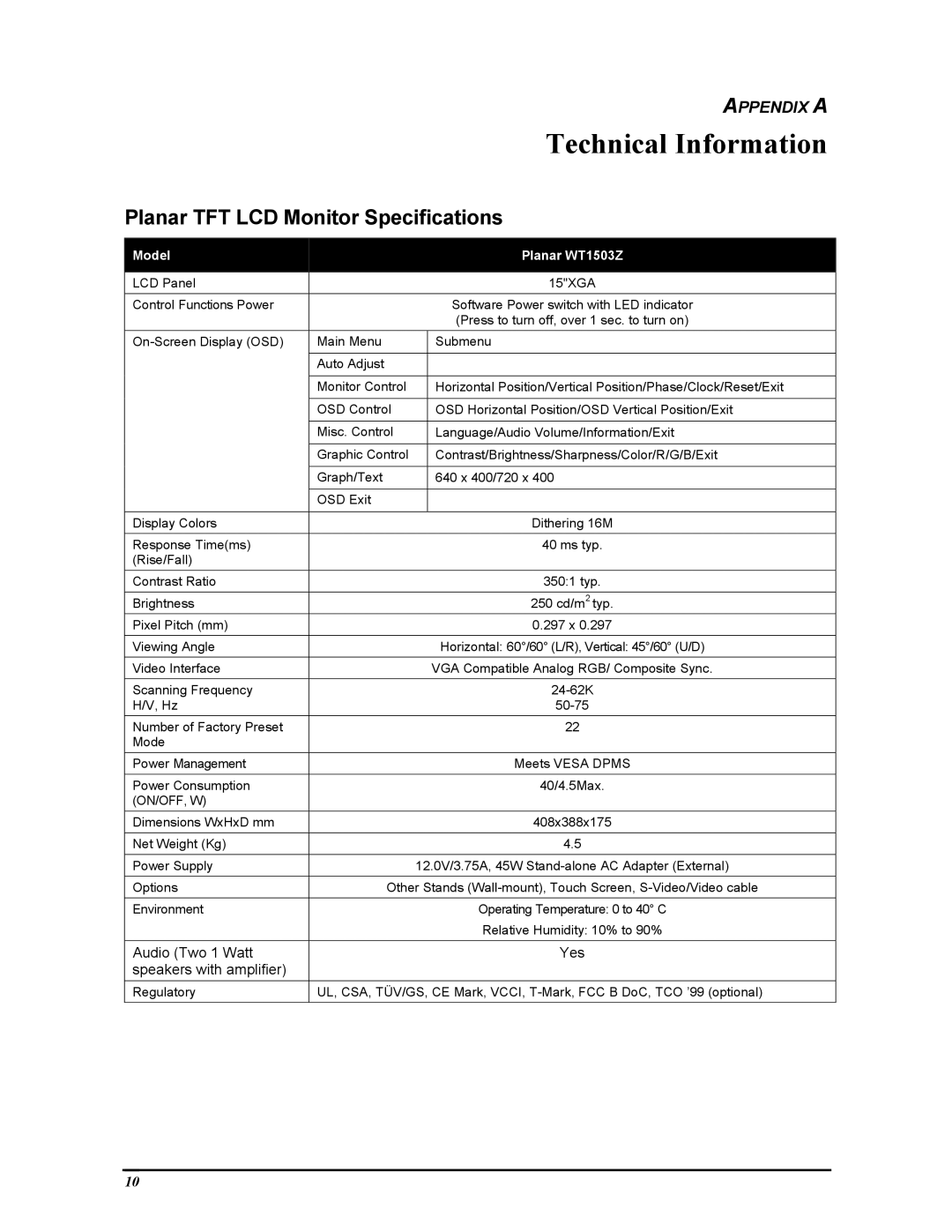 Planar FWT1503Z manual Technical Information, Planar TFT LCD Monitor Specifications 