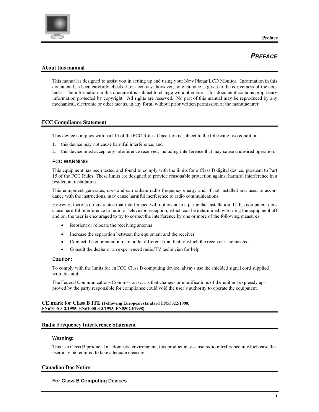 Planar FWT1503Z About this manual, FCC Compliance Statement, Radio Frequency Interference Statement, Canadian Doc Notice 