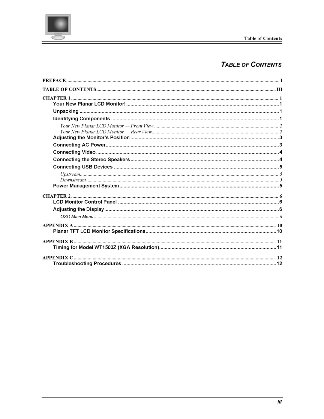 Planar FWT1503Z manual Table of Contents 