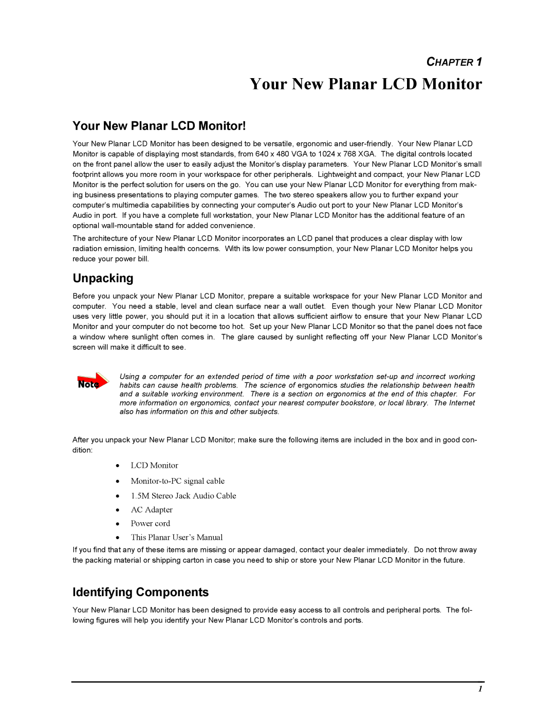 Planar FWT1503Z manual Your New Planar LCD Monitor, Unpacking, Identifying Components 