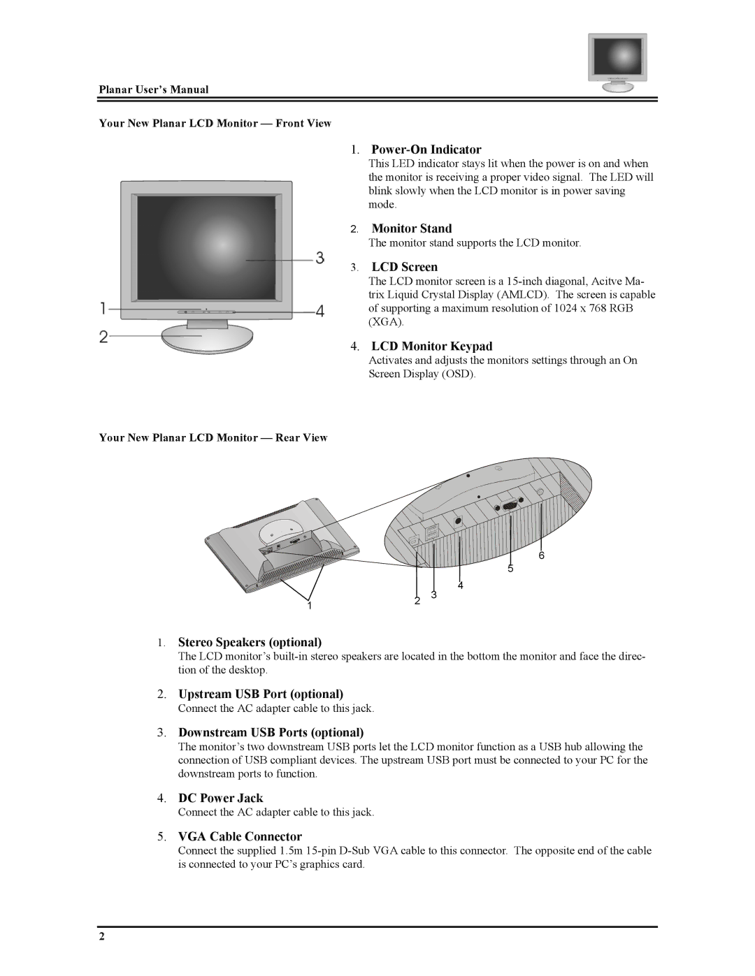 Planar FWT1503Z Power-On Indicator, Monitor Stand, LCD Screen, LCD Monitor Keypad, Stereo Speakers optional, DC Power Jack 