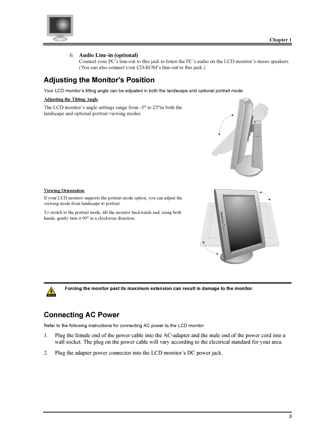 Planar FWT1503Z manual Adjusting the Monitor’s Position, Connecting AC Power, Audio Line-in optional, Chapter 