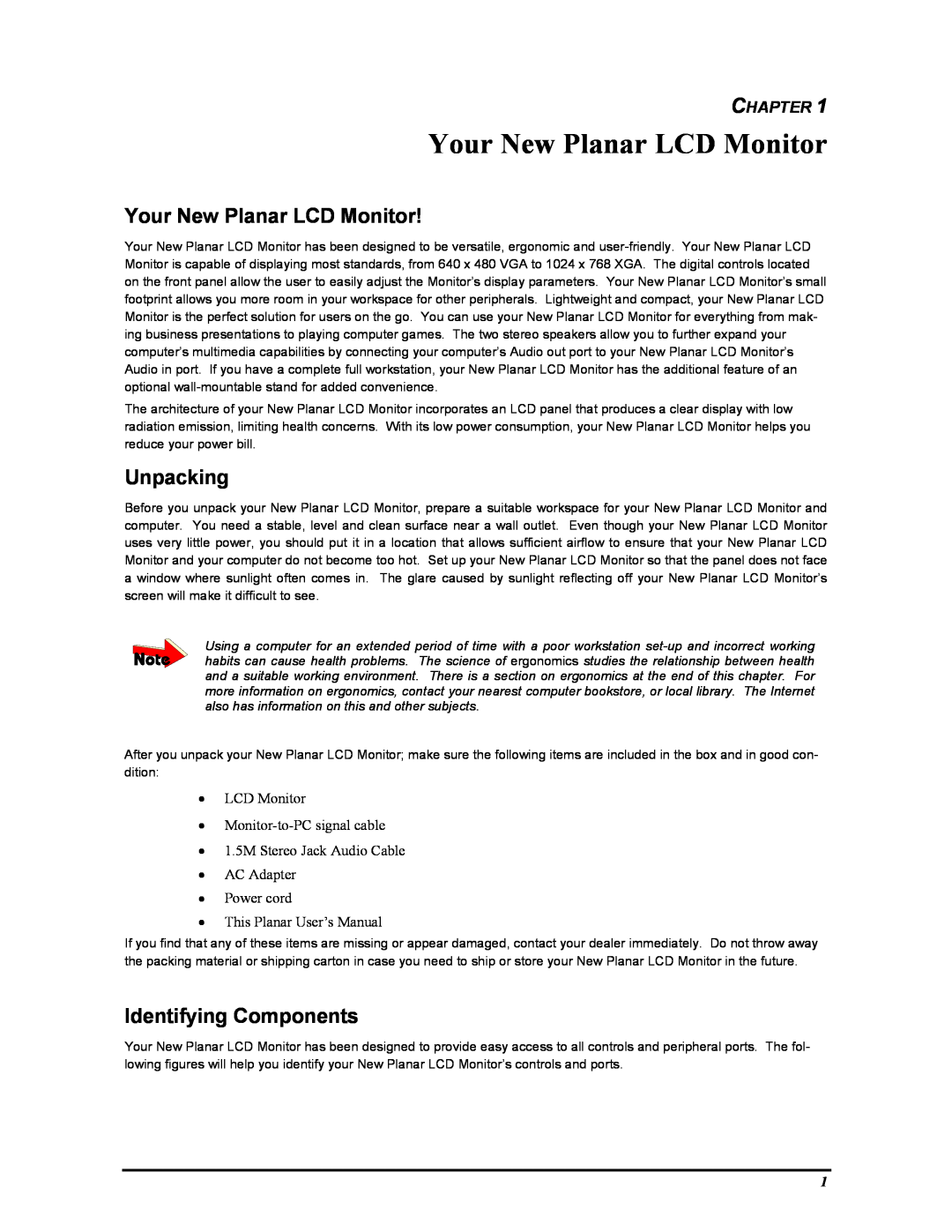 Planar FWT1503Z manual Your New Planar LCD Monitor, Unpacking, Identifying Components, Chapter 