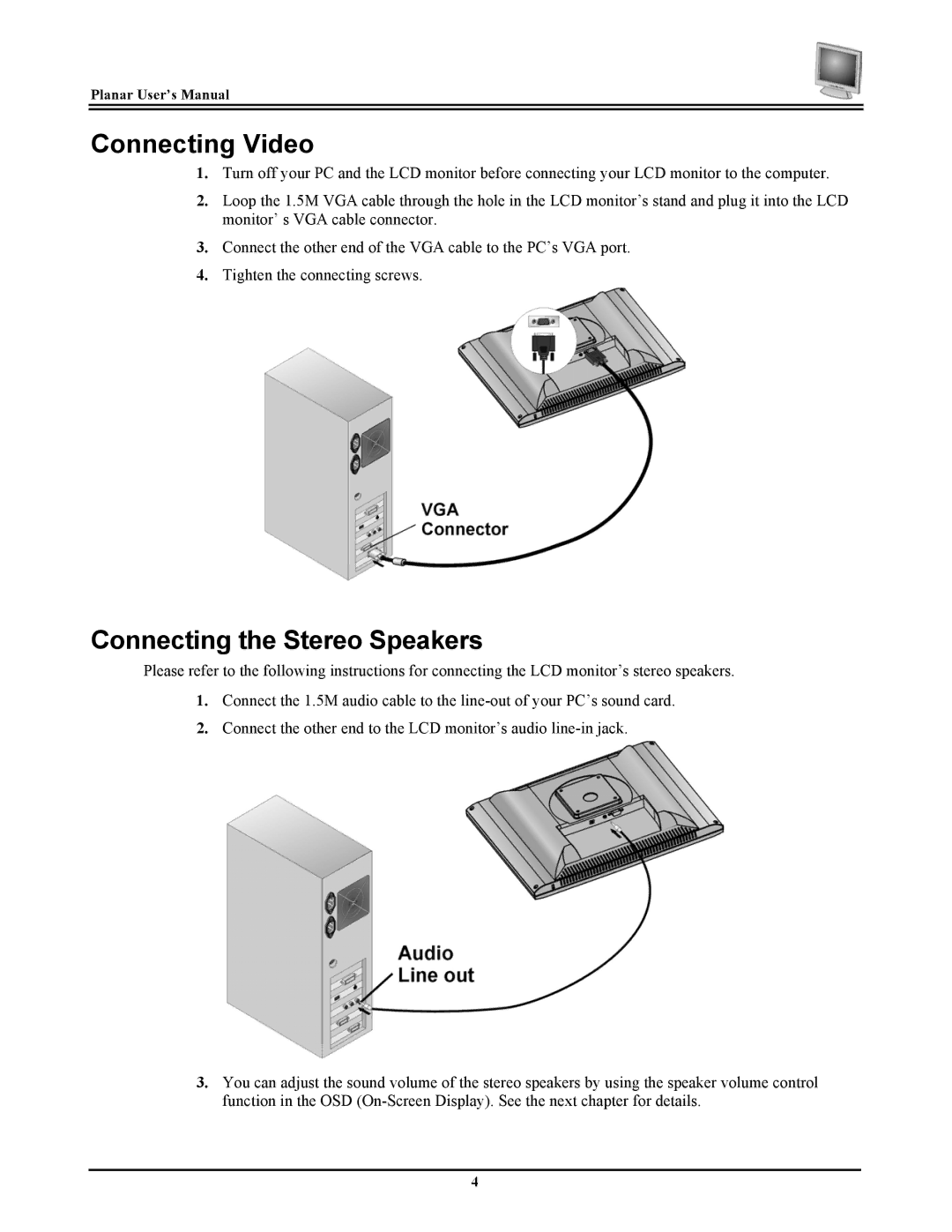 Planar FWT1744NU manual Connecting Video, Connecting the Stereo Speakers 