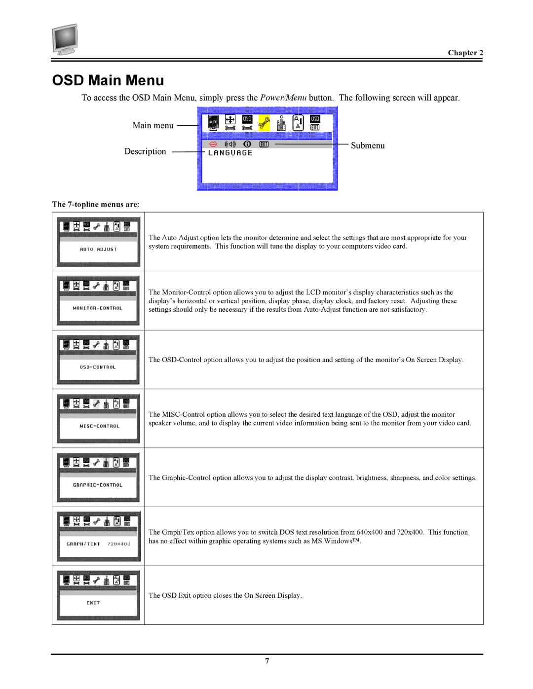 Planar FWT1744NU manual OSD Main Menu, Description 