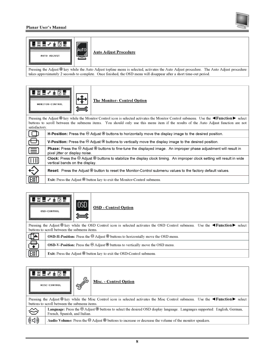 Planar FWT1744NU manual Planar User’s Manual Auto Adjust Procedure 