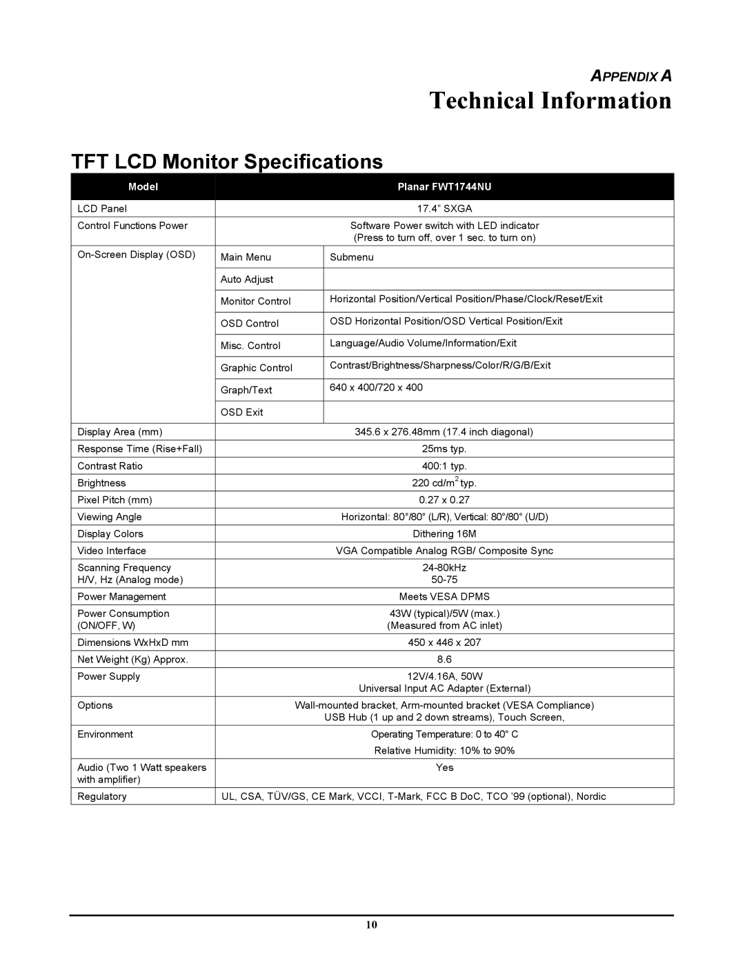 Planar FWT1744NU manual Technical Information, TFT LCD Monitor Specifications 