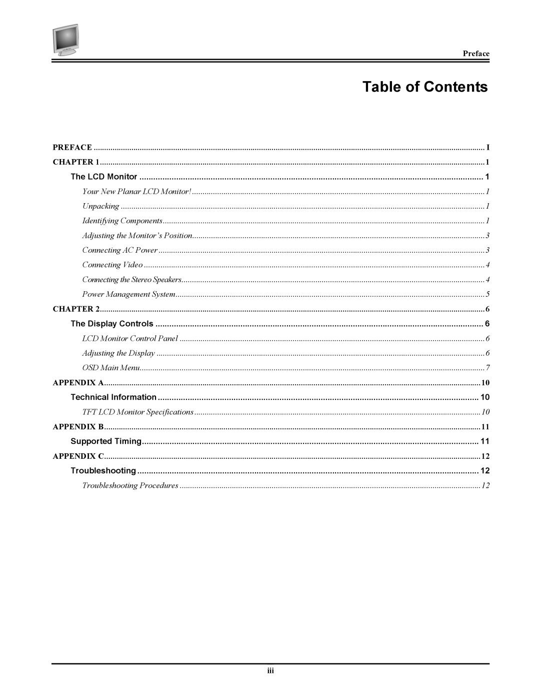 Planar FWT1744NU manual Table of Contents 