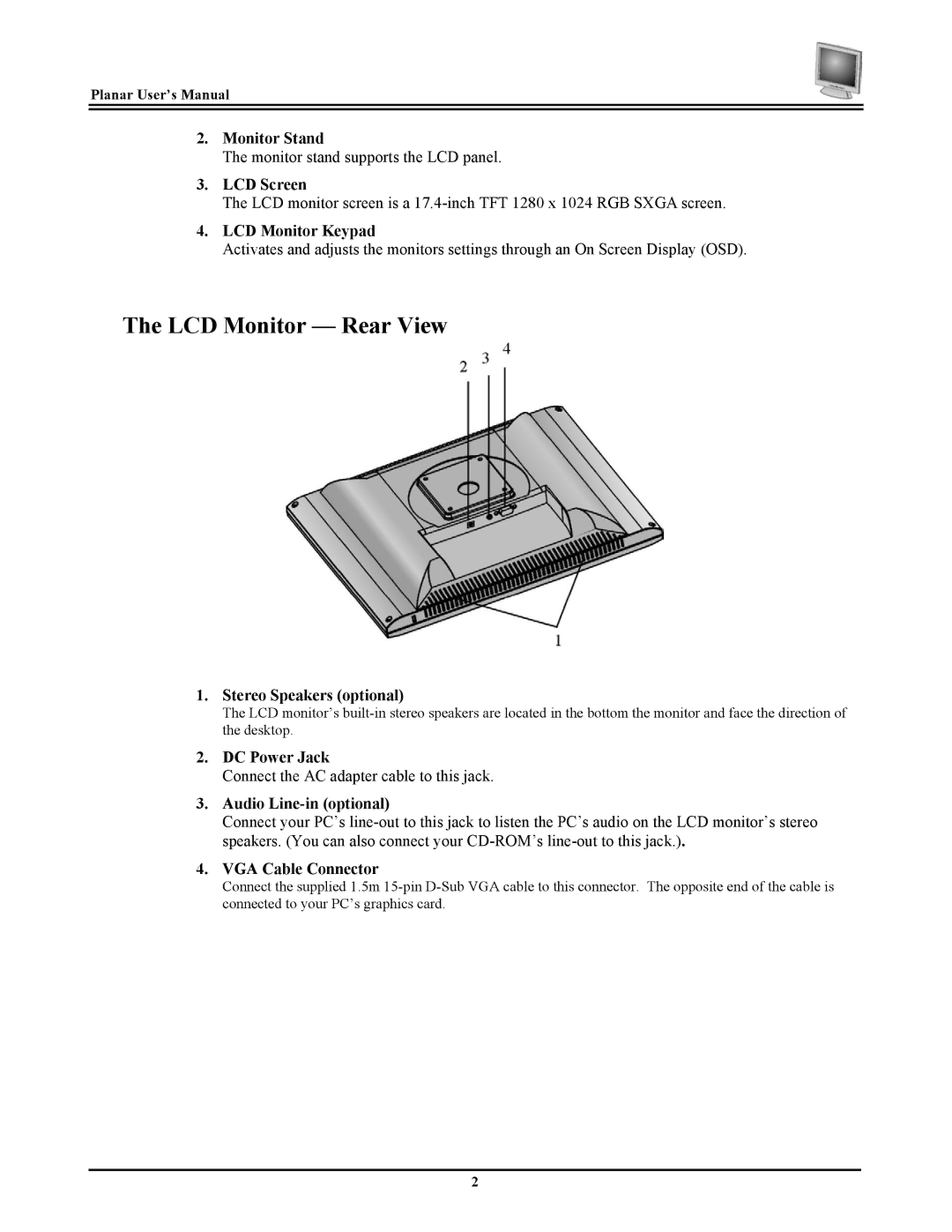 Planar FWT1744NU manual Monitor Stand, LCD Screen, LCD Monitor Keypad, Stereo Speakers optional, DC Power Jack 