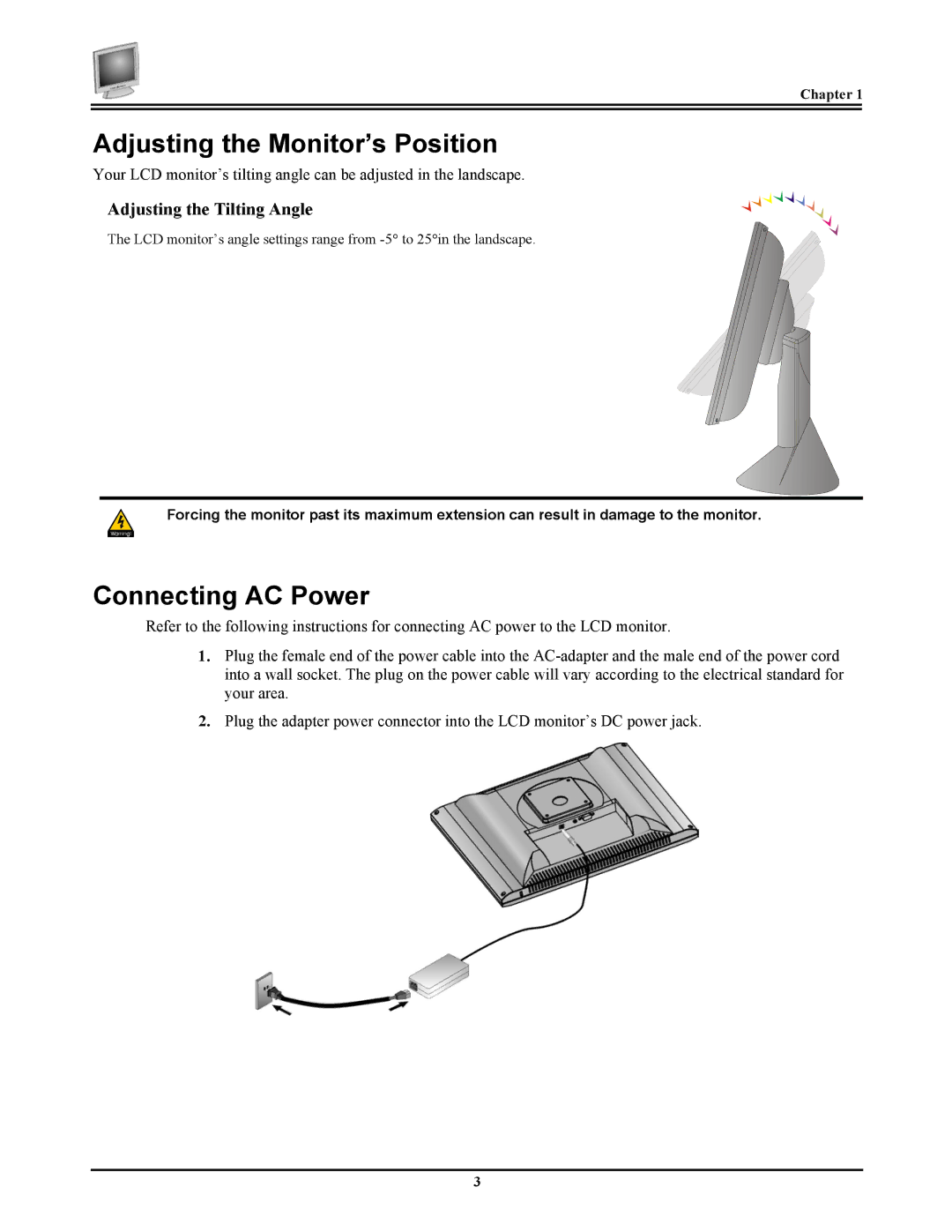 Planar FWT1744NU manual Adjusting the Monitor’s Position, Connecting AC Power 