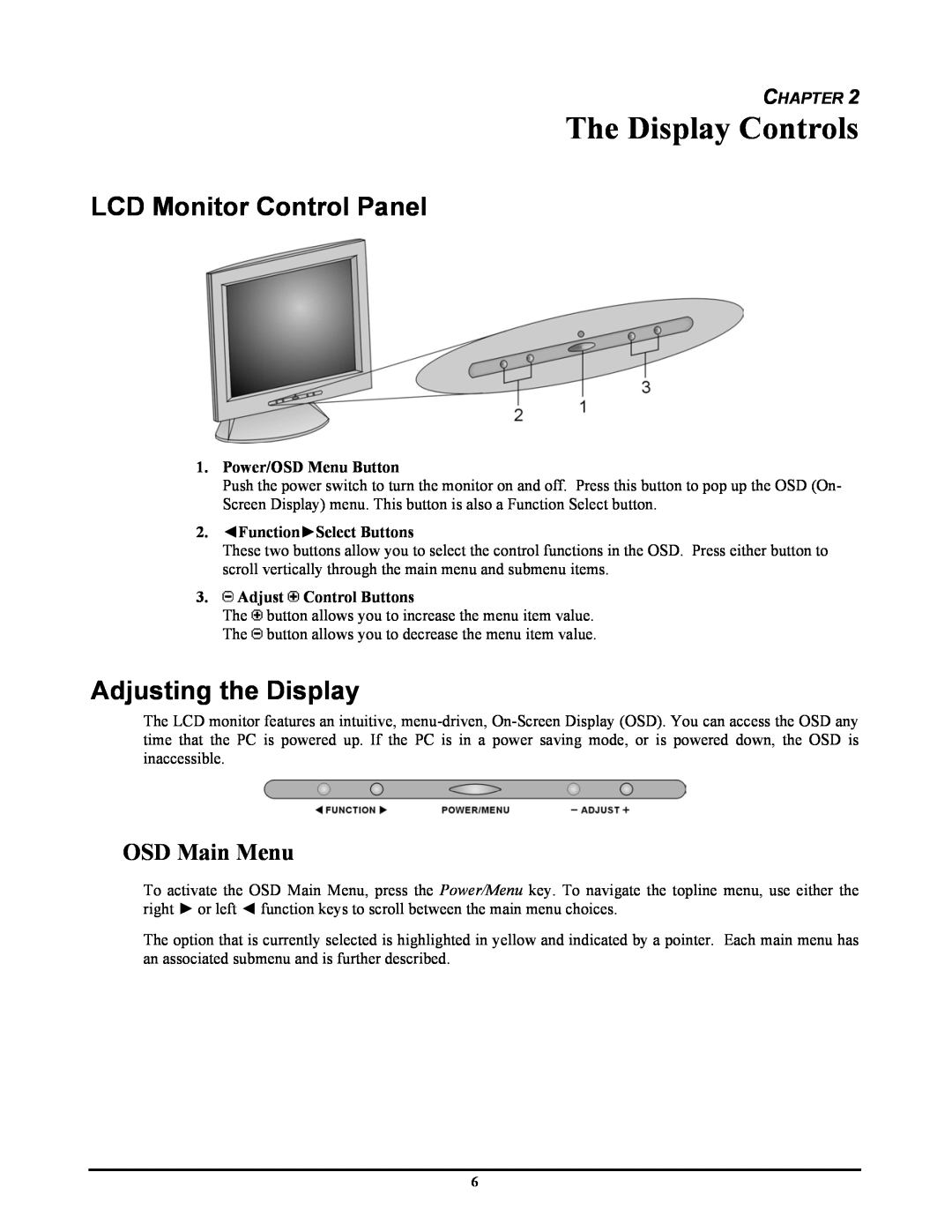 Planar FWT1744NU manual The Display Controls, LCD Monitor Control Panel, Adjusting the Display, OSD Main Menu, Chapter 