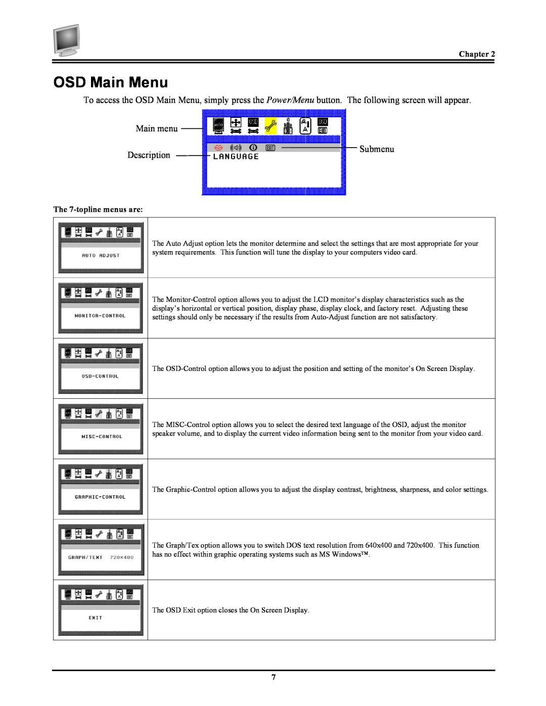 Planar FWT1744NU manual OSD Main Menu, Main menu, Description, Chapter, The 7-topline menus are 