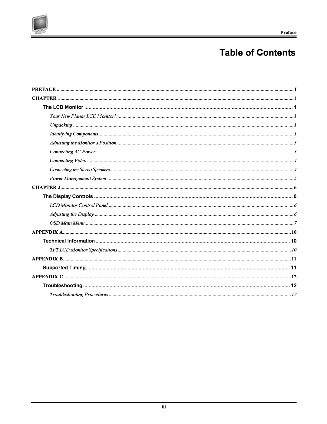 Planar FWT1744NU manual Table of Contents, Preface, Chapter, Appendix A, Appendix B, Appendix C 