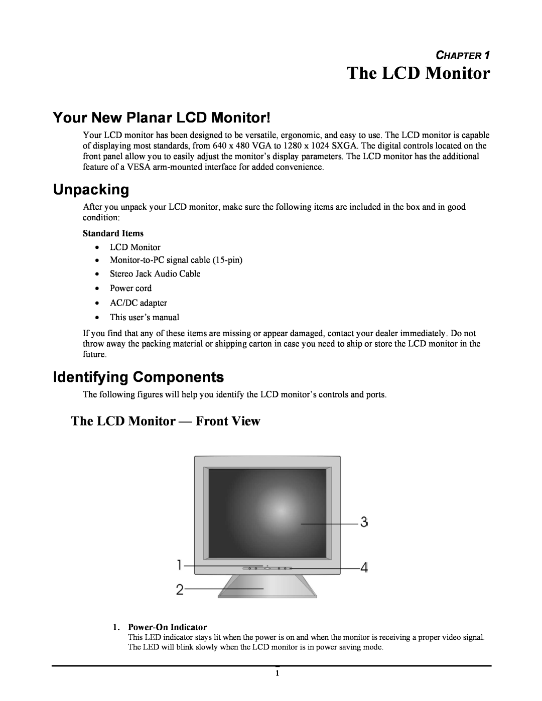 Planar FWT1744NU The LCD Monitor, Your New Planar LCD Monitor, Unpacking, Identifying Components, Chapter, Standard Items 