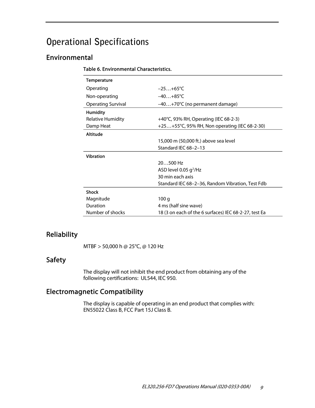 Planar EL320.256-FD7 Operational Specifications, Environmental, Reliability, Safety, Electromagnetic Compatibility 