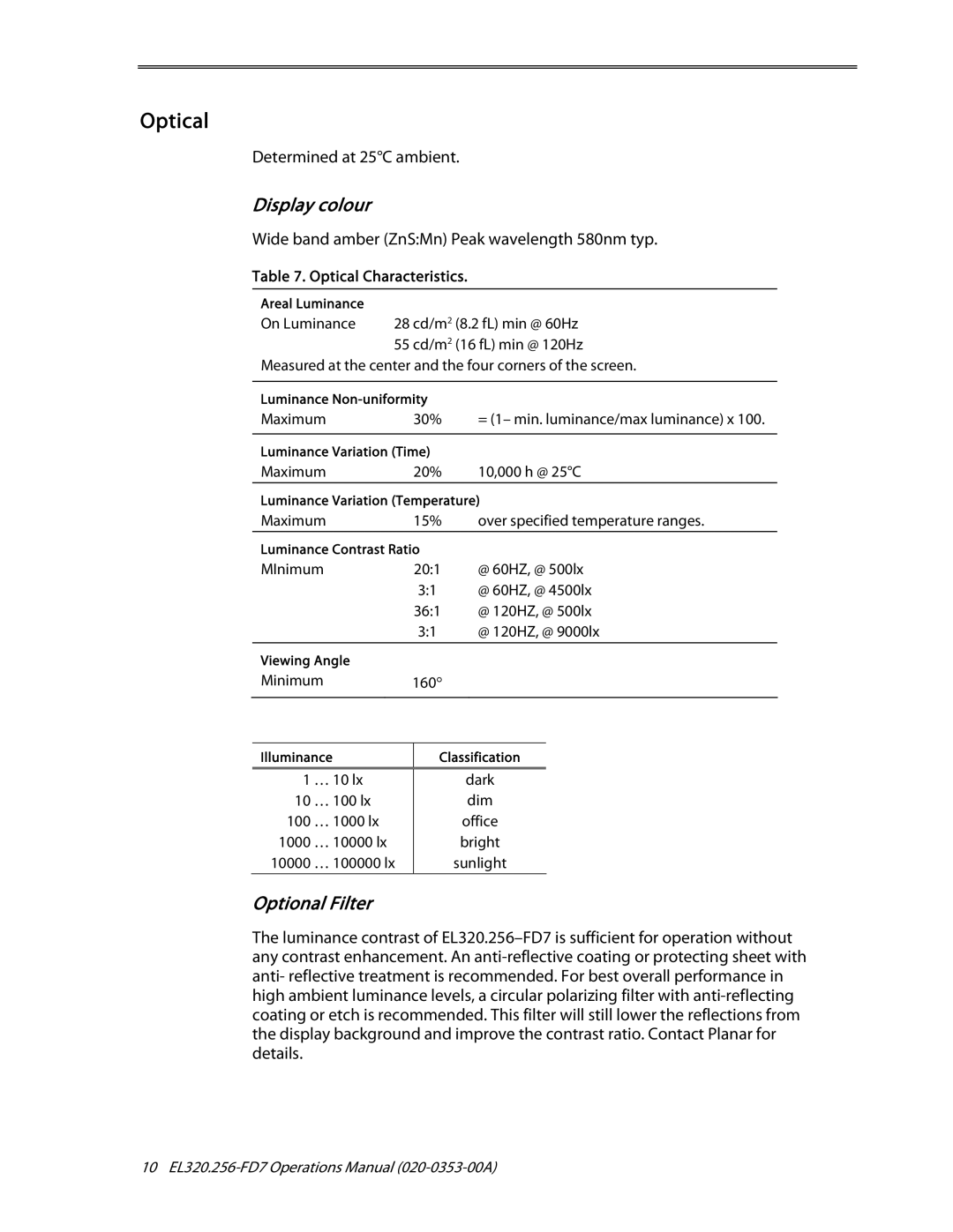 Planar High Contrast Display, High Brightness, EL320.256-FD7 user manual Optical Characteristics 