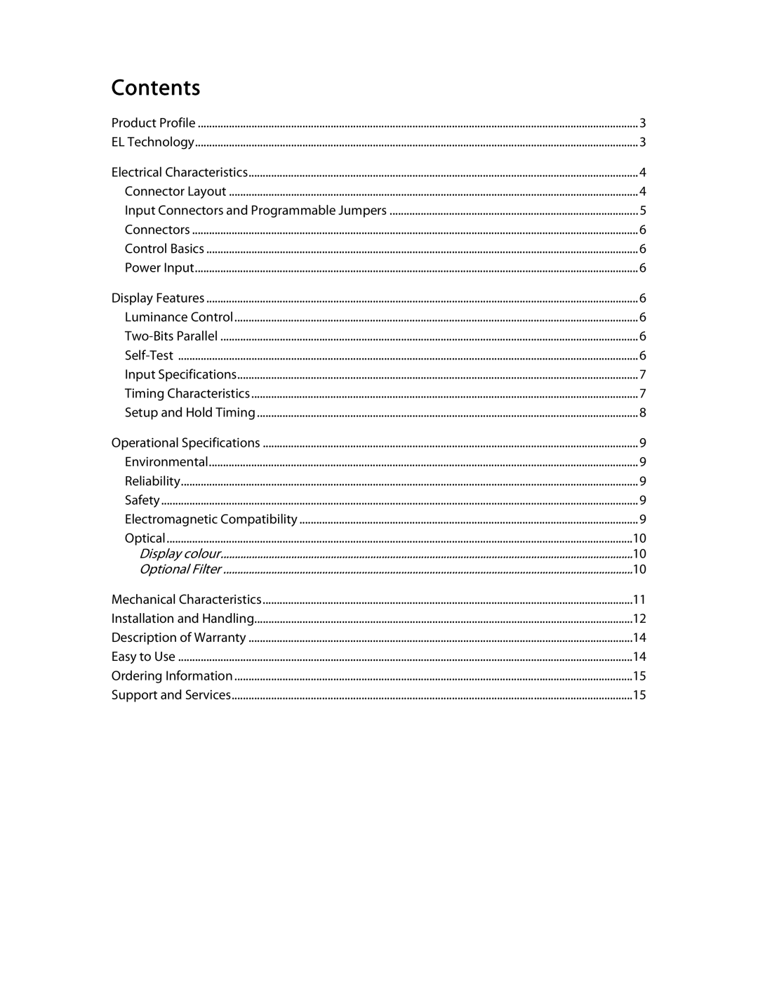 Planar High Contrast Display, High Brightness, EL320.256-FD7 user manual Contents 