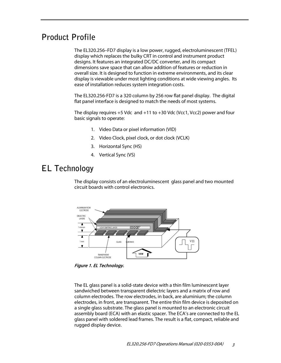 Planar EL320.256-FD7, High Contrast Display, High Brightness user manual Product Profile, EL Technology 