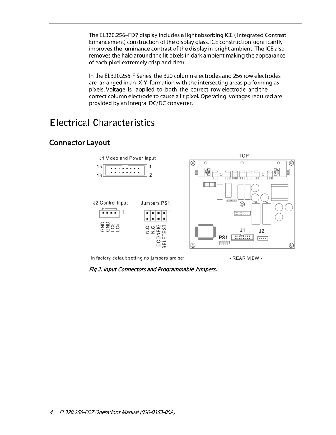 Planar High Contrast Display, High Brightness, EL320.256-FD7 user manual Electrical Characteristics, Connector Layout 